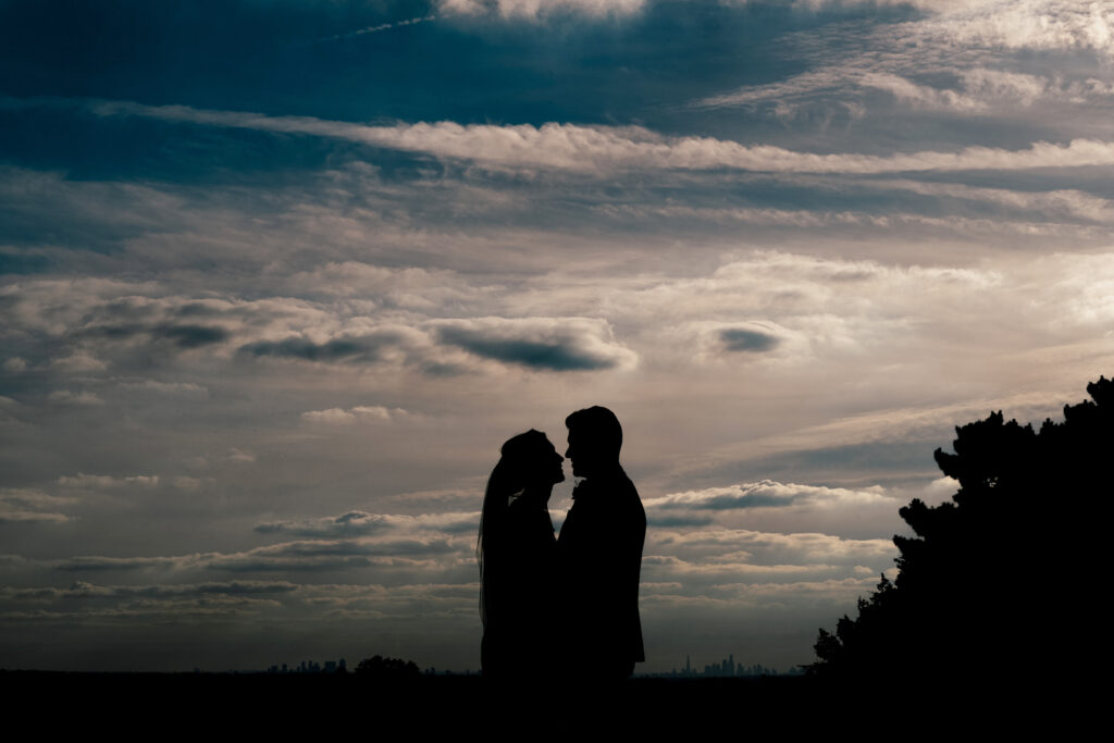 Silhouette of a couple facing each other against a dramatic sky filled with clouds. The horizon is visible in the distance, with a faint outline of a city skyline. The scene is serene and romantic.