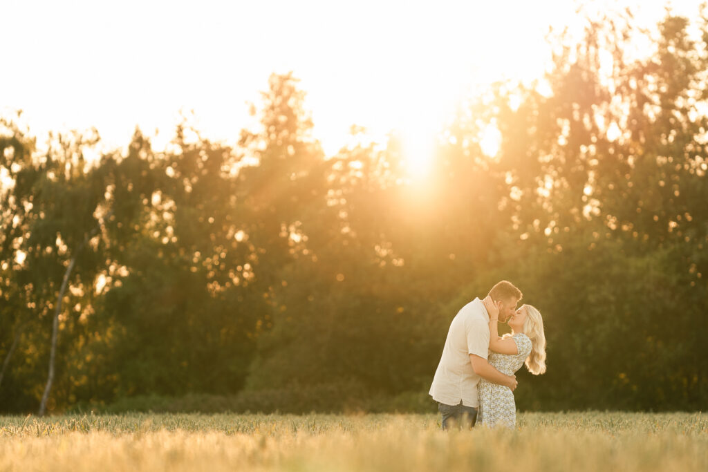 A couple embraces and kisses in a sunlit field with tall grass, trees in the background, and warm sunlight creating a golden glow around them.