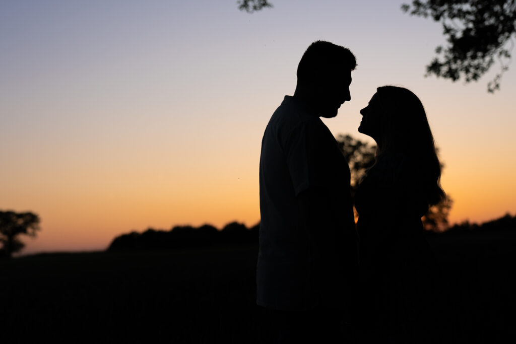 Silhouette of a couple facing each other and smiling against a colorful sunset sky, with trees and a field in the background.