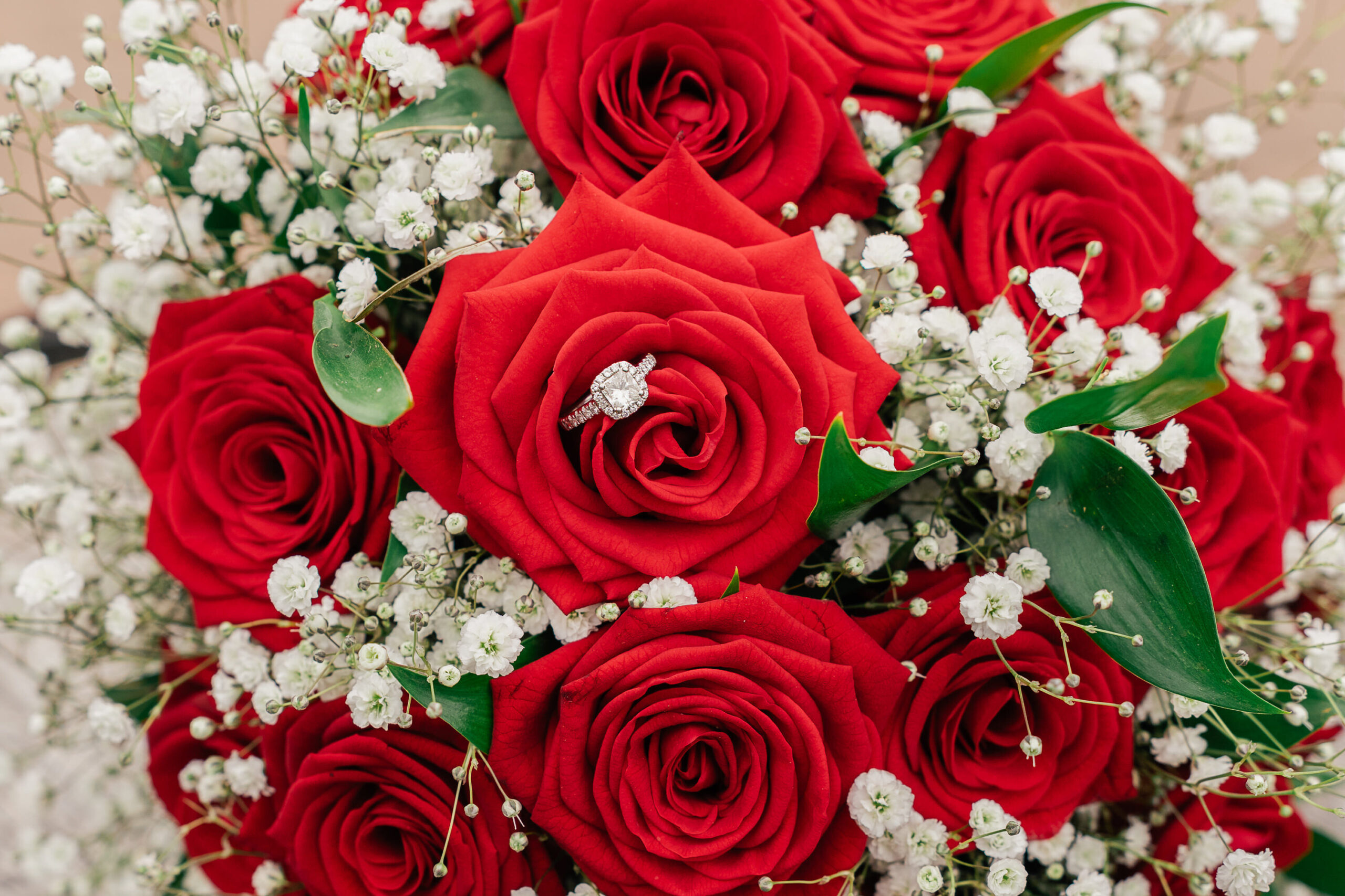 3934367302 A bouquet of red roses and white baby's breath flowers, with a diamond engagement ring placed on the center rose.