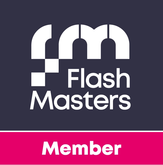 A dark background features a white geometric "fm" logo above the words "Flash Masters." A pink bar at the bottom displays the word "Member" in bold white text.