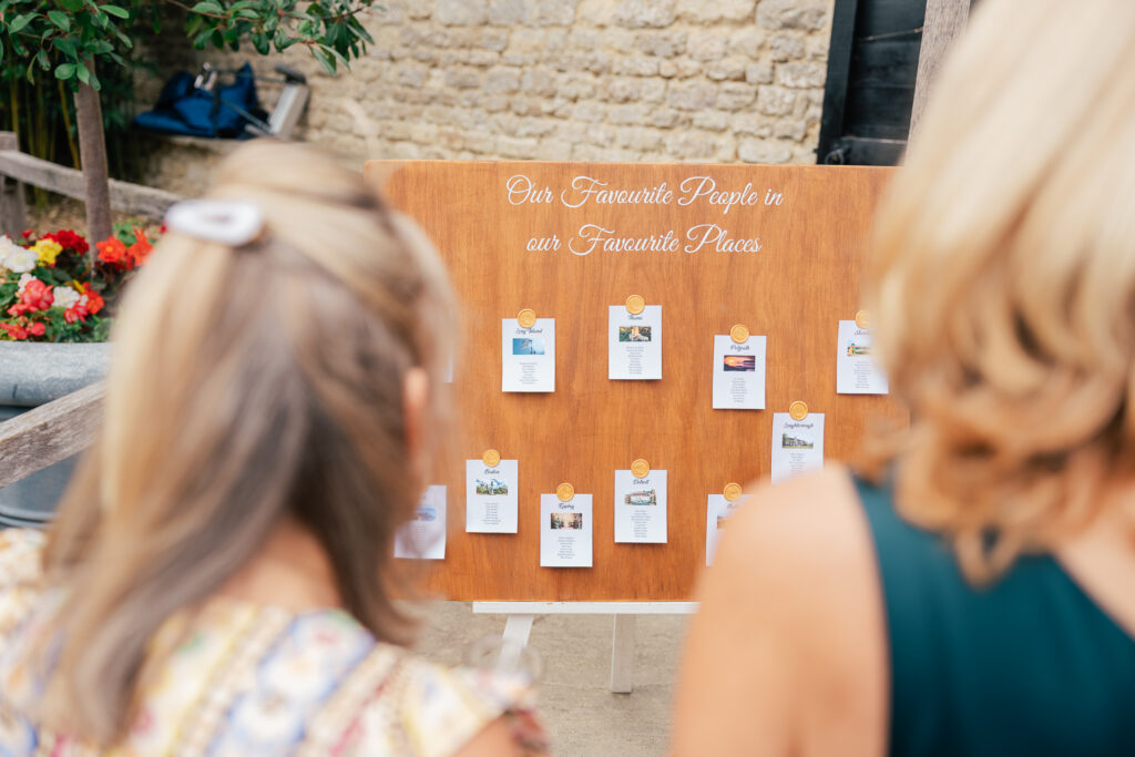 Two women look at a wooden seating chart titled "Our Favorite People in our Favorite Places," with cards displaying names and locations, at an outdoor event with stone walls and flowers in the background.
